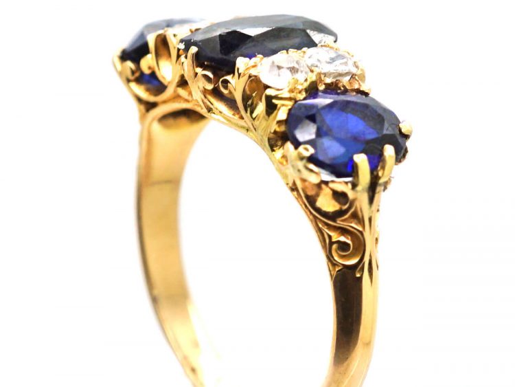 Victorian 18ct Gold Carved Half Hoop Three Stone Sapphire & Diamond Ring