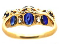 Victorian 18ct Gold Carved Half Hoop Three Stone Sapphire & Diamond Ring