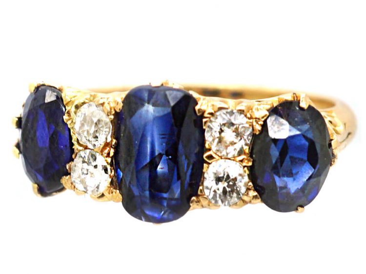 Victorian 18ct Gold Carved Half Hoop Three Stone Sapphire & Diamond Ring