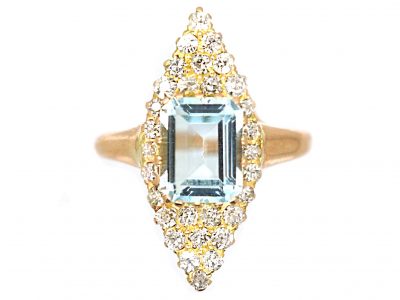 Edwardian 18ct Gold Marquise Ring set with an Aquamarine & Diamonds