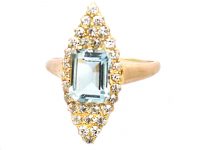 Edwardian 18ct Gold Marquise Ring set with an Aquamarine & Diamonds