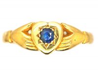 Edwardian 18ct Gold Heart and Hands Fede Ring set with a Sapphire