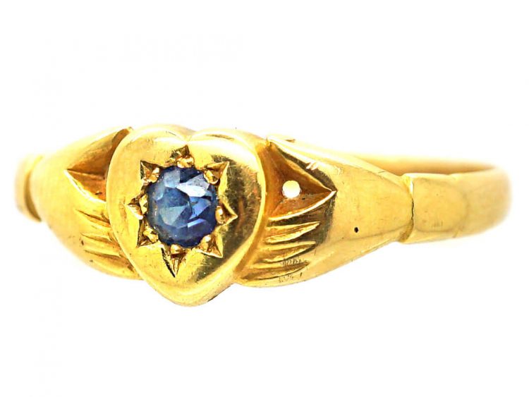 Edwardian 18ct Gold Heart and Hands Fede Ring set with a Sapphire