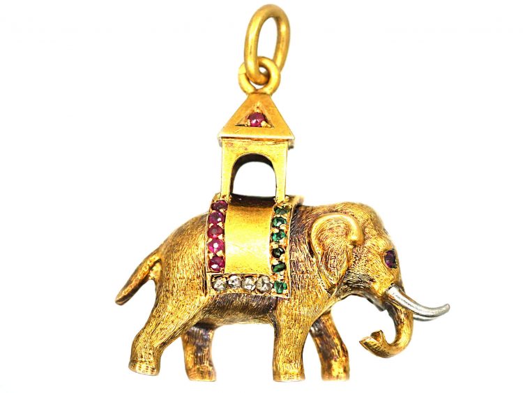 Edwardian 18ct Yellow & White Gold Elephant Pendant set with Gem Stones