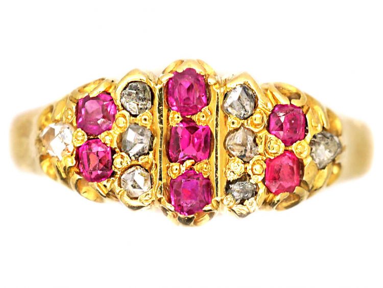 Victorian 18ct Gold, Ruby & Rose Diamond Lines Ring