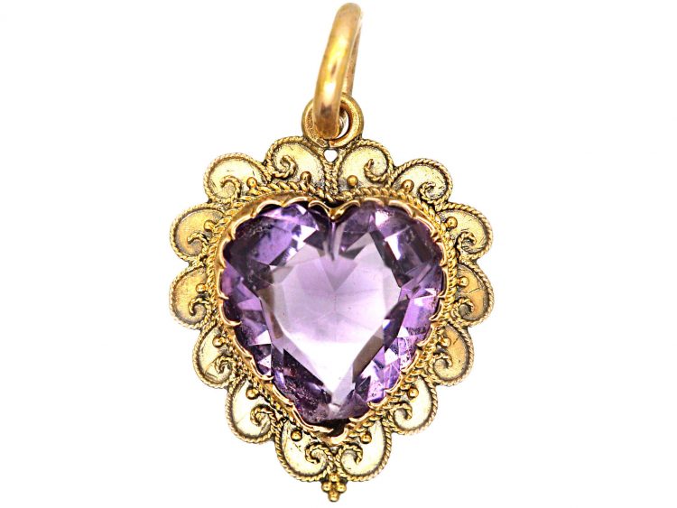 Victorian 15ct Gold Etruscan Revival Heart Shaped Pendant set with an Amethyst