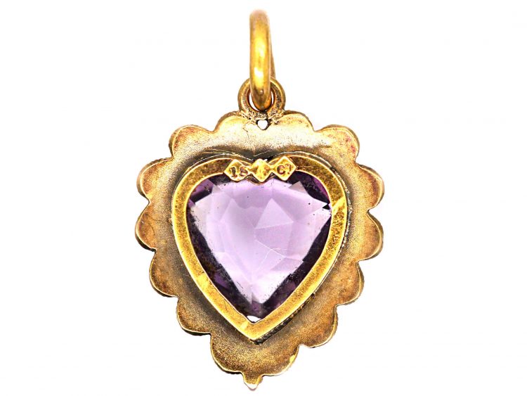 Victorian 15ct Gold Etruscan Revival Heart Shaped Pendant set with an Amethyst