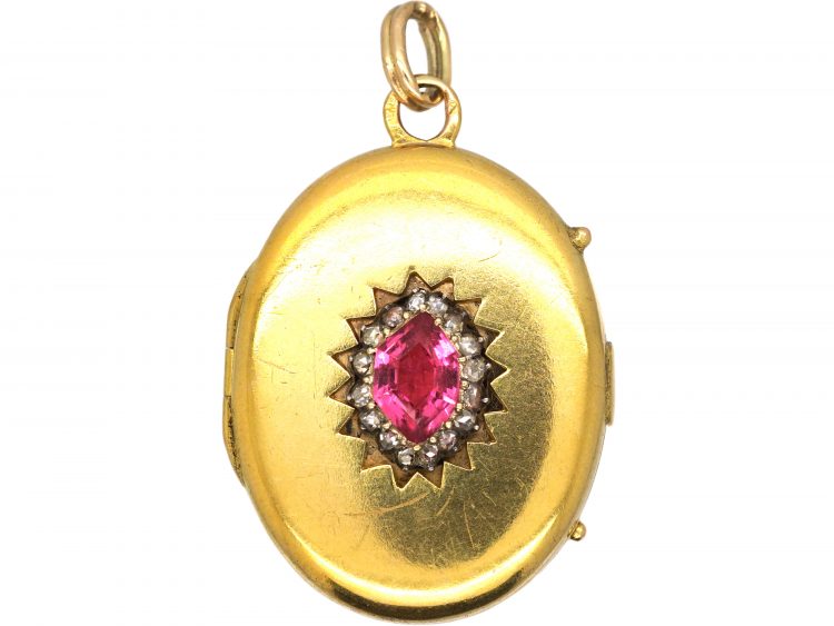 Late 19th Century 18ct Gold Oval Locket set with a Spinel & Rose Diamonds