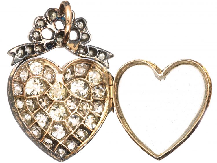 Victorian Gold & Silver Heart Shaped Diamond Set Locket Pendant with Bow Detail