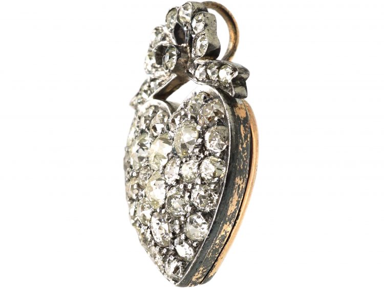 Victorian Gold & Silver Heart Shaped Diamond Set Locket Pendant with Bow Detail