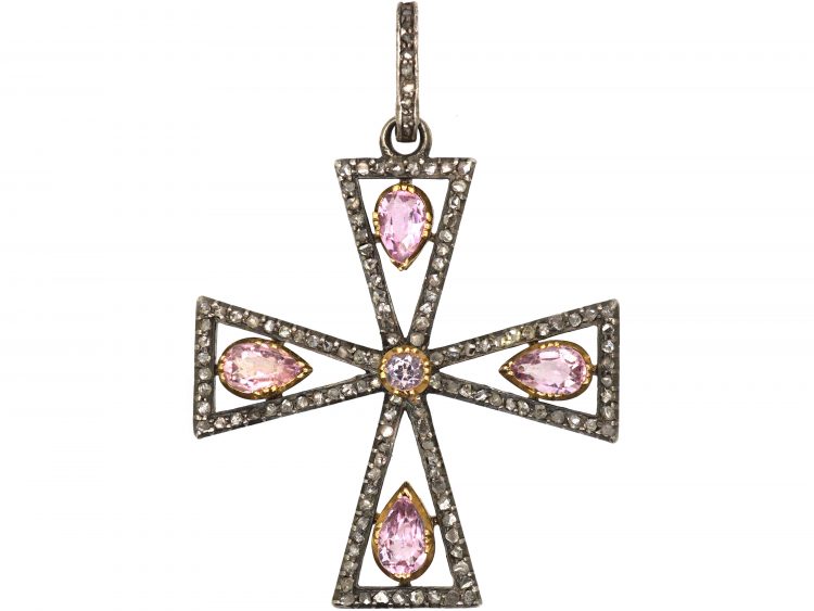 Georgian Pink Topaz & Rose Diamond Cross With Rose Diamond Set Bale