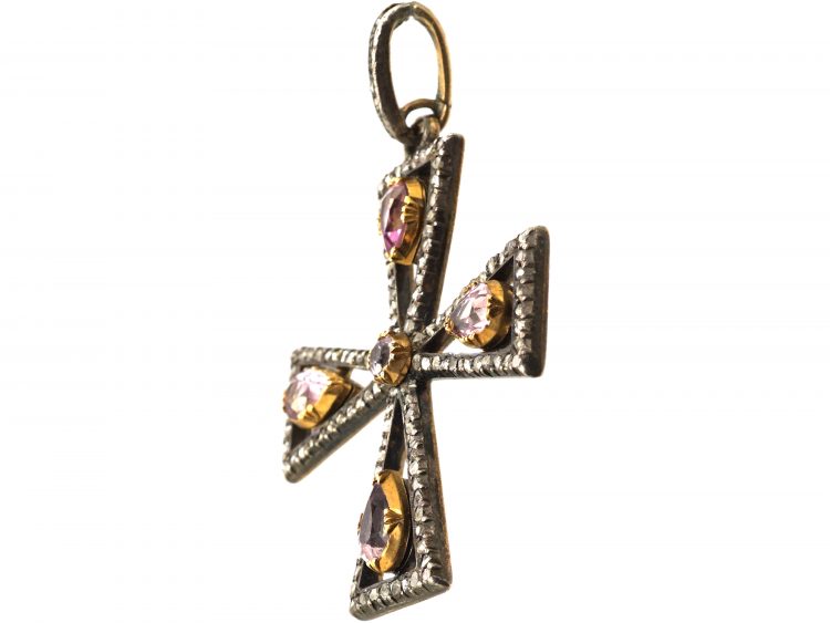 Georgian Pink Topaz & Rose Diamond Cross With Rose Diamond Set Bale