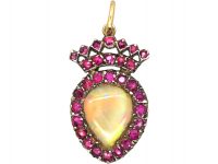 Georgian 9ct Gold & Silver, Heart & Crown Pendant set with Rubies & an Opal