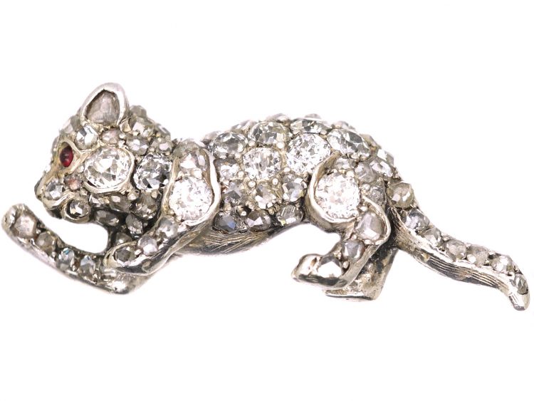 Edwardian Diamond Set Cat Brooch with Ruby Eye