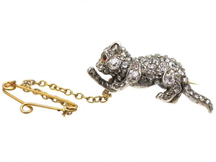 Edwardian Diamond Set Cat Brooch with Ruby Eye