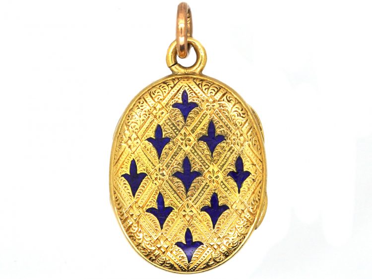 Victorian 18ct Gold Oval Shaped Locket with Blue Enamel Detail