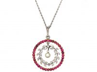 Edwardian 15ct Gold & Platinum, Ruby & Diamond Round Pendant with Natural Pearl Drop on Platinum Chain