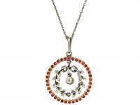 Edwardian 15ct Gold & Platinum, Ruby & Diamond Round Pendant with Natural Pearl Drop on Platinum Chain