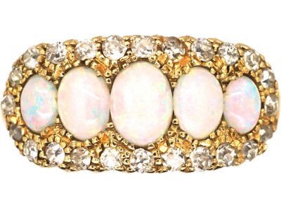 Edwardian 18ct Gold Five Stone Opal Ring with Diamond Set Border