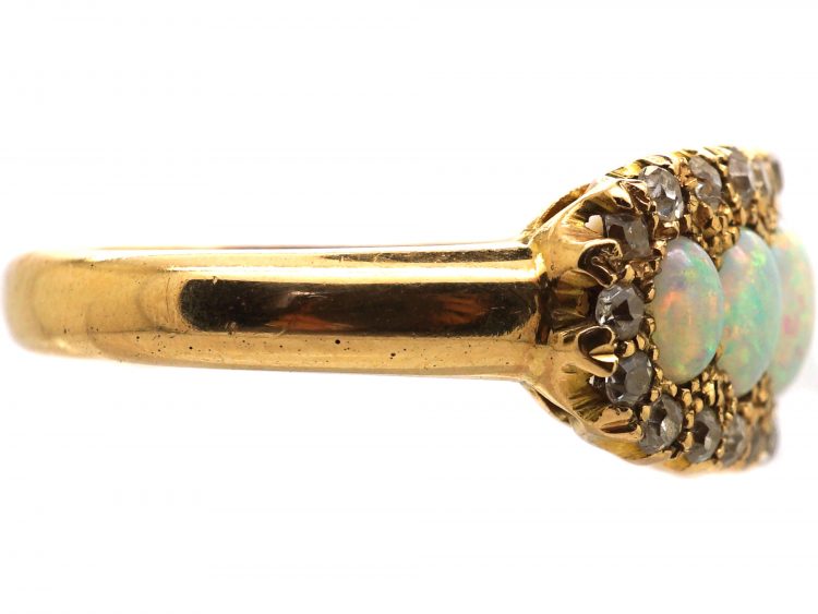 Edwardian 18ct Gold Five Stone Opal Ring with Diamond Set Border