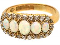 Edwardian 18ct Gold Five Stone Opal Ring with Diamond Set Border