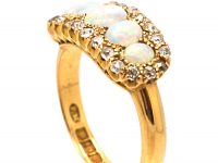 Edwardian 18ct Gold Five Stone Opal Ring with Diamond Set Border