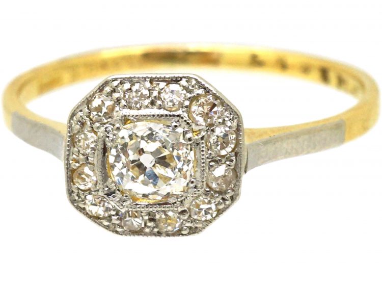 Edwardian 18ct Gold & Platinum Octagonal Diamond Cluster Ring