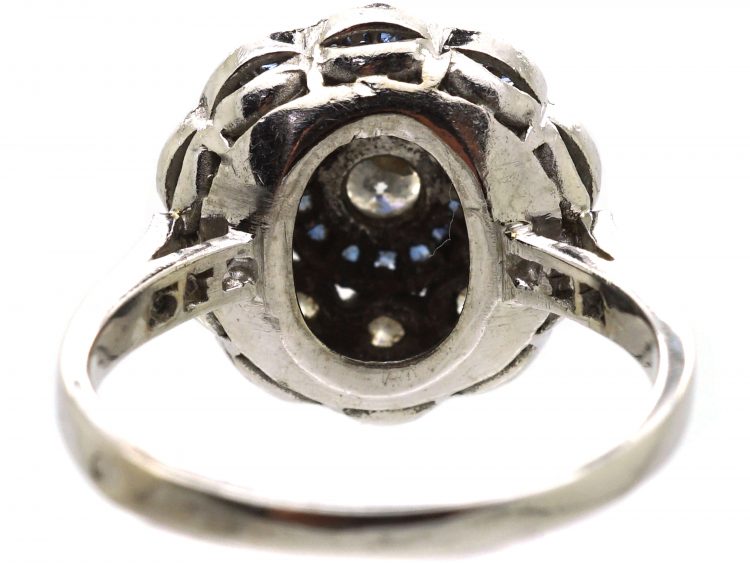 Early 20th Century French Platinum Cluster Target Ring set with Diamonds & Calibre Cut Sapphires