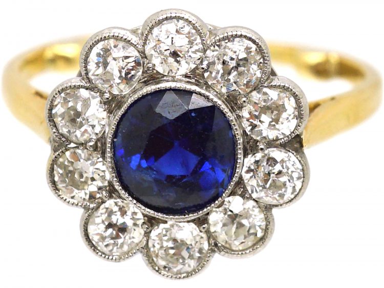 Edwardian 18ct Gold & Platinum, Sapphire & Diamond Cluster Ring