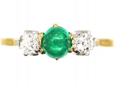 Edwardian 18ct Gold & Platinum,Three Stone Cabochon Emerald & Diamond Ring