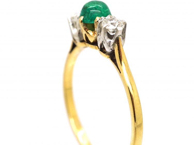 Edwardian 18ct Gold & Platinum,Three Stone Cabochon Emerald & Diamond Ring