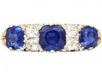 Edwardian 18ct Gold, Three Stone Sapphire & Diamond Carved Half Hoop Ring