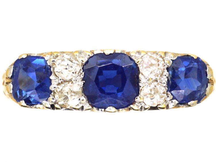 Edwardian 18ct Gold, Three Stone Sapphire & Diamond Carved Half Hoop Ring