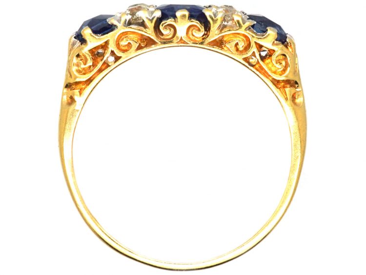 Edwardian 18ct Gold, Three Stone Sapphire & Diamond Carved Half Hoop Ring