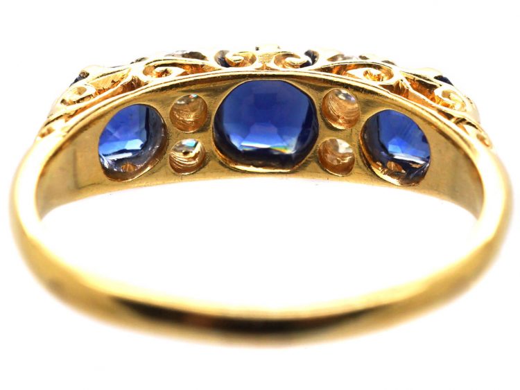 Edwardian 18ct Gold, Three Stone Sapphire & Diamond Carved Half Hoop Ring