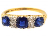 Edwardian 18ct Gold, Three Stone Sapphire & Diamond Carved Half Hoop Ring