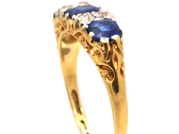 Edwardian 18ct Gold, Three Stone Sapphire & Diamond Carved Half Hoop Ring