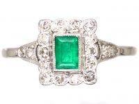 Early 20th Century 18ct Gold & Platinum, Emerald & Diamond Square Ring with Diamond Set Shoulders