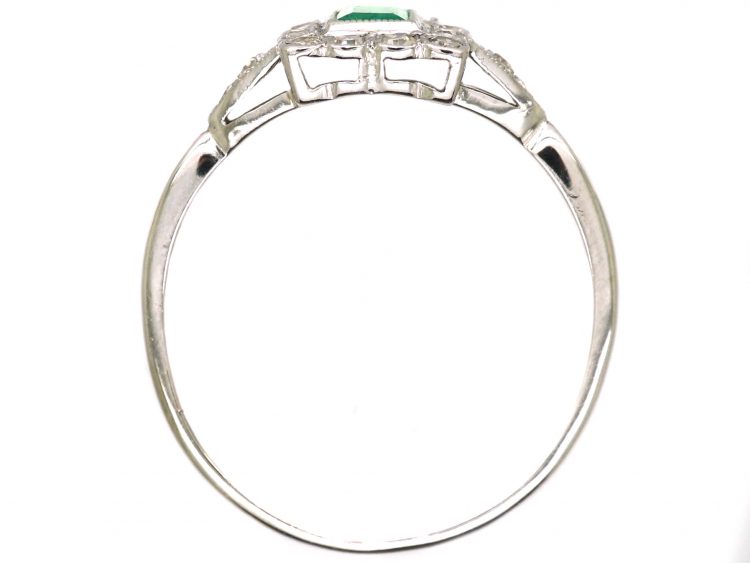 Early 20th Century 18ct Gold & Platinum, Emerald & Diamond Square Ring with Diamond Set Shoulders