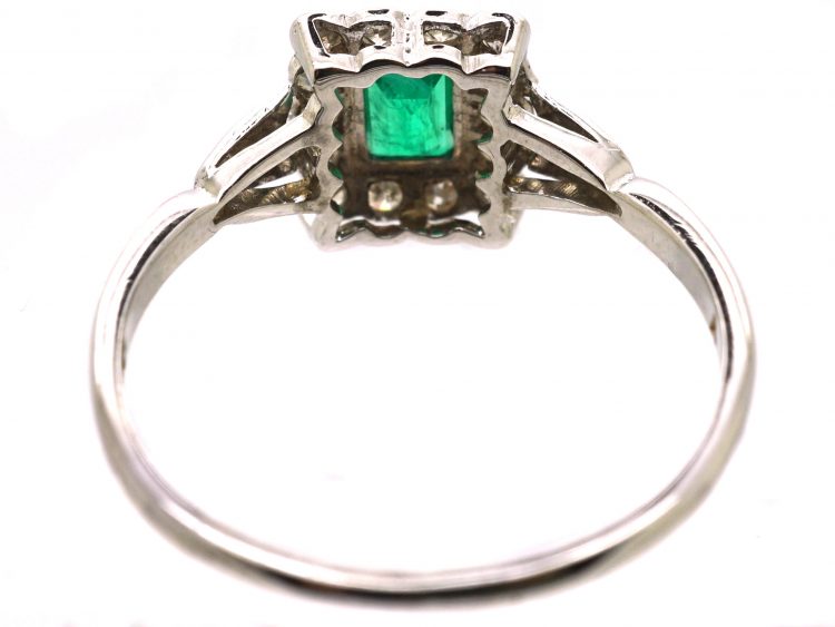 Early 20th Century 18ct Gold & Platinum, Emerald & Diamond Square Ring with Diamond Set Shoulders