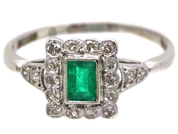 Early 20th Century 18ct Gold & Platinum, Emerald & Diamond Square Ring with Diamond Set Shoulders