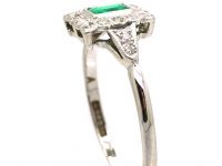 Early 20th Century 18ct Gold & Platinum, Emerald & Diamond Square Ring with Diamond Set Shoulders