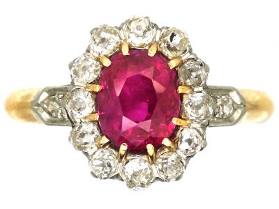 French Import Early 20th Century 18ct Gold, Ruby & Diamond Cluster Ring with Diamond Set Shoulders