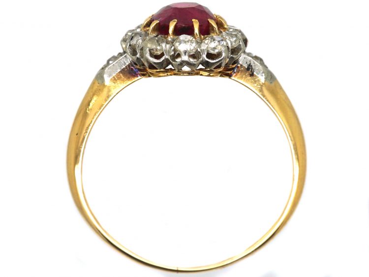 French Import Early 20th Century 18ct Gold, Ruby & Diamond Cluster Ring with Diamond Set Shoulders