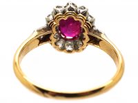 French Import Early 20th Century 18ct Gold, Ruby & Diamond Cluster Ring with Diamond Set Shoulders