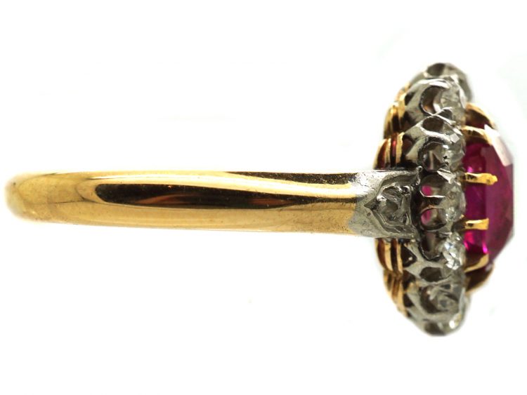 French Import Early 20th Century 18ct Gold, Ruby & Diamond Cluster Ring with Diamond Set Shoulders