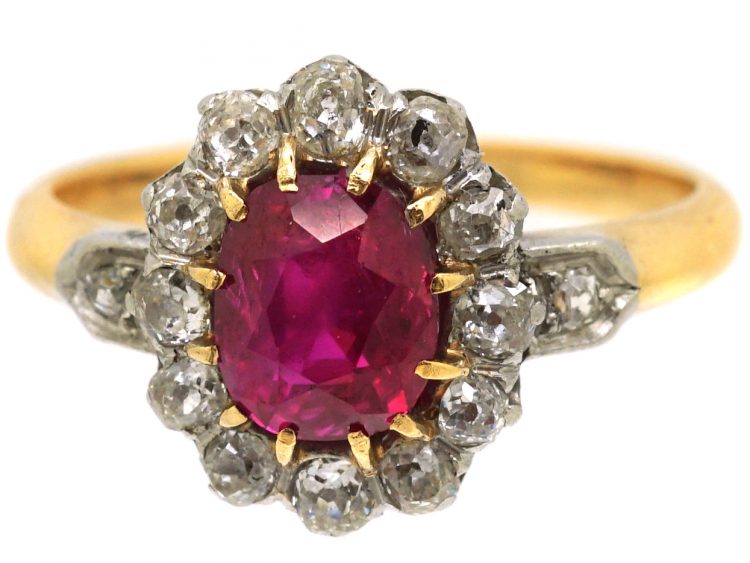 French Import Early 20th Century 18ct Gold, Ruby & Diamond Cluster Ring with Diamond Set Shoulders