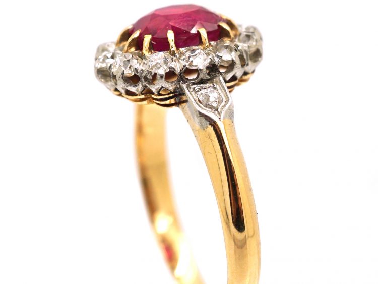 French Import Early 20th Century 18ct Gold, Ruby & Diamond Cluster Ring with Diamond Set Shoulders