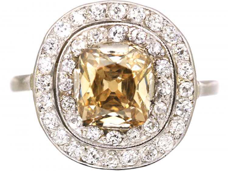 Early 20th Century Platinum, Diamond Cluster Ring with Cognac Diamond in the Centre