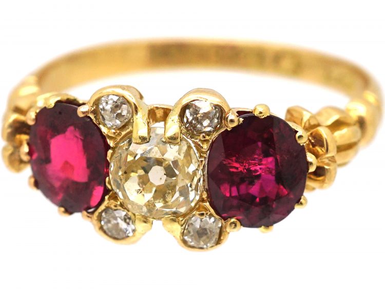 Victorian 18ct Gold, Two Stone Ruby & Diamond Ring